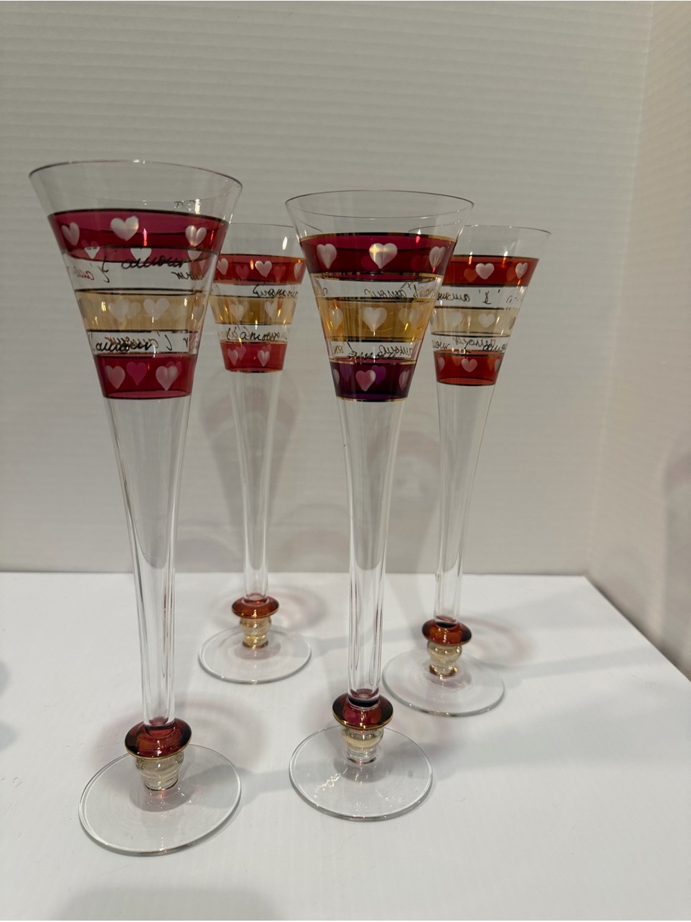 VINTAGE ETCHED HEARTS RUBY RED FLUTES CHAMPAGNE L'AMOUR 11" GLASSES 4 Pier 1